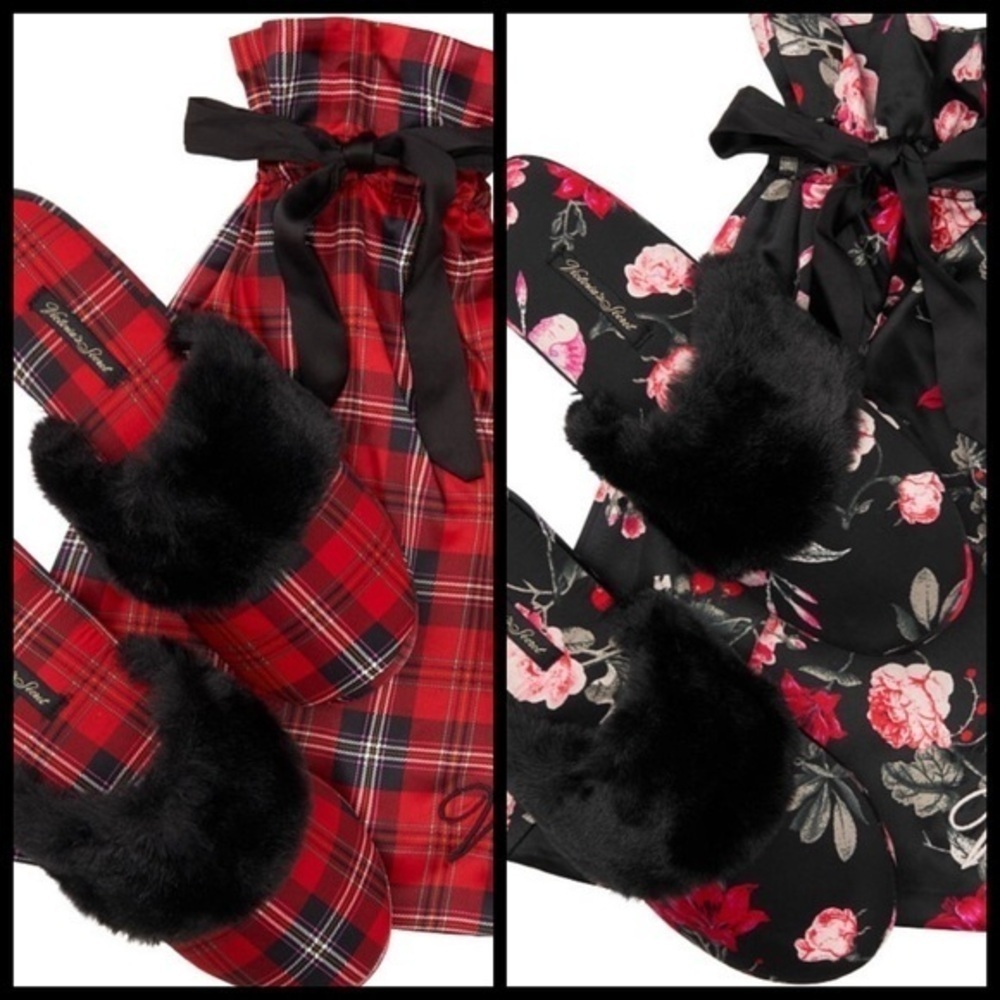 🆕2pr-VS Satin faux fur Slippers w/pouch size Lrg